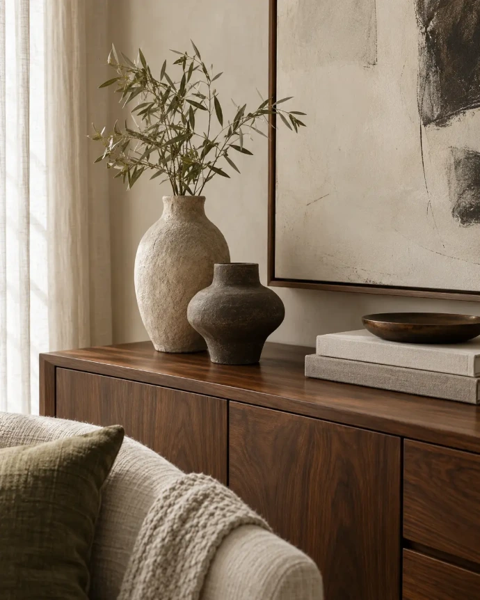 A closeup of a pot with a sofa and pictures stacked