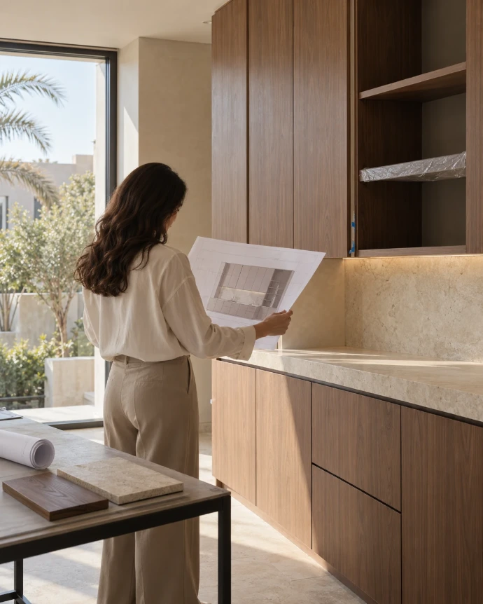 A person reviewing design files for an interior design firm